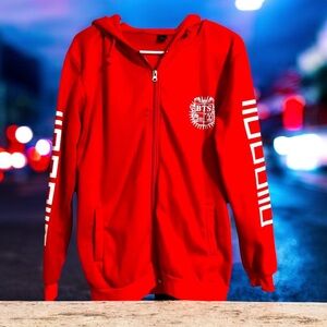 BTS Red Zip Up Hoodie Medium‎ K-Pop Logo Graphic Sweatshirt Unisex